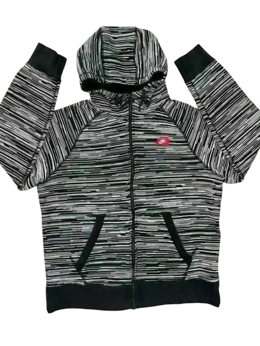 Nike AW77 FT AOP Speed Black/White Stripe Zip Kanga Pocket Hooded Jacket (L)‎